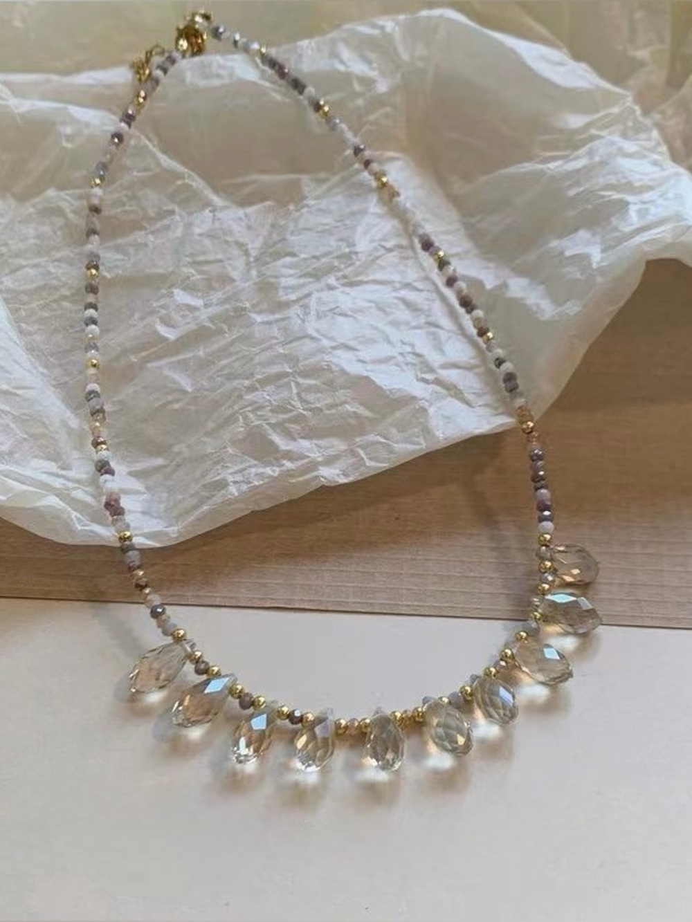 S925 Boho Faceted Crystal Teardrop Beaded Choker Necklace